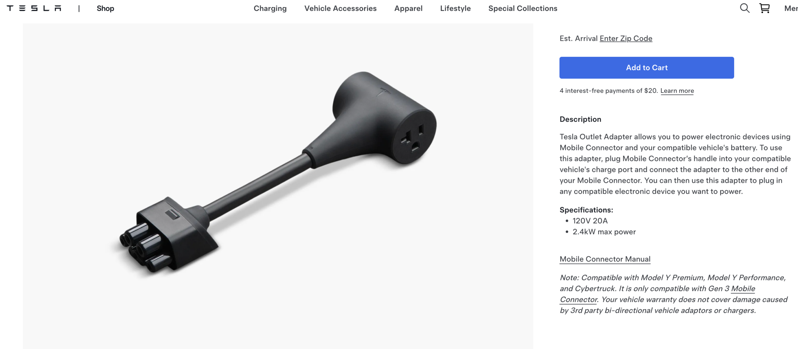Tesla adds 2.4 kW vehicle-to-load to Model Y Premium with $80 adapter