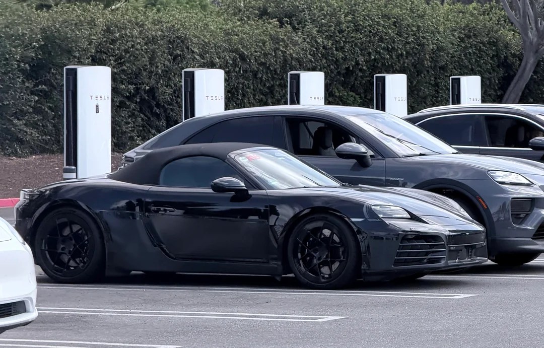 Electric Porsche Boxster spotted plugged in at Tesla Supercharger in California