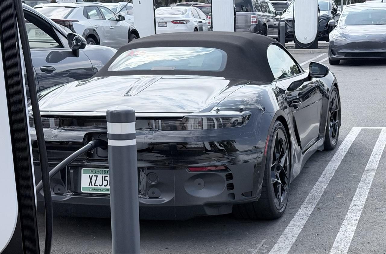 Electric Porsche Boxster spotted plugged in at Tesla Supercharger in California