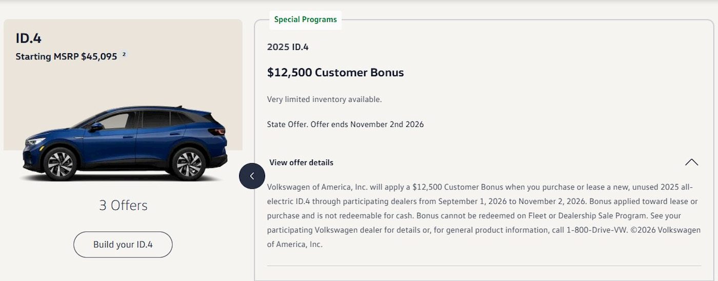 Volkswagen is clearing out ID.4 EVs with a $12,500 discount